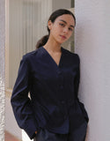 Manteau de chef femme à manches bouffantes et col en V #AJ1982 Bleu marine foncé