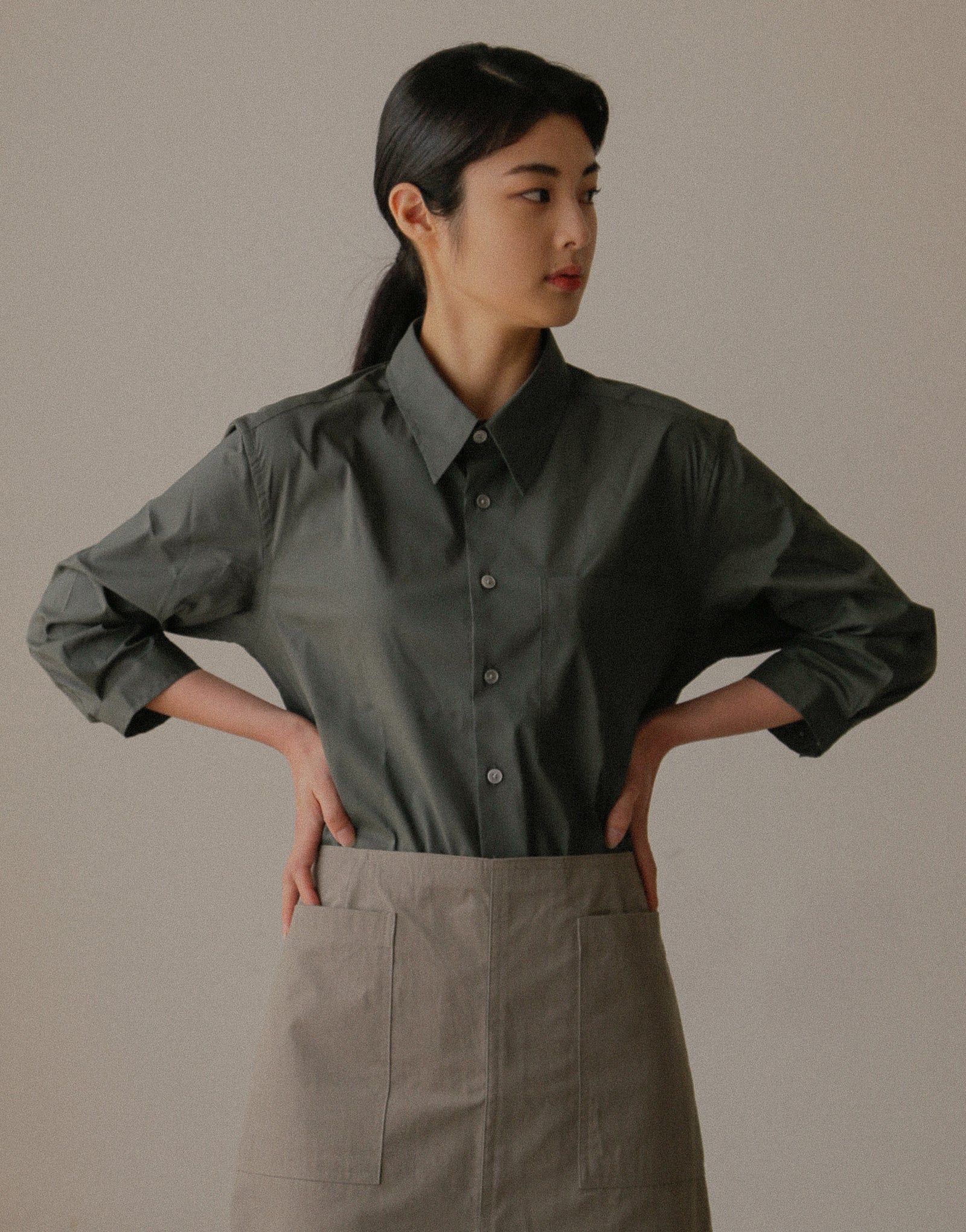 Chemise ample en coton à manches capri #AS1993 Gris foncé