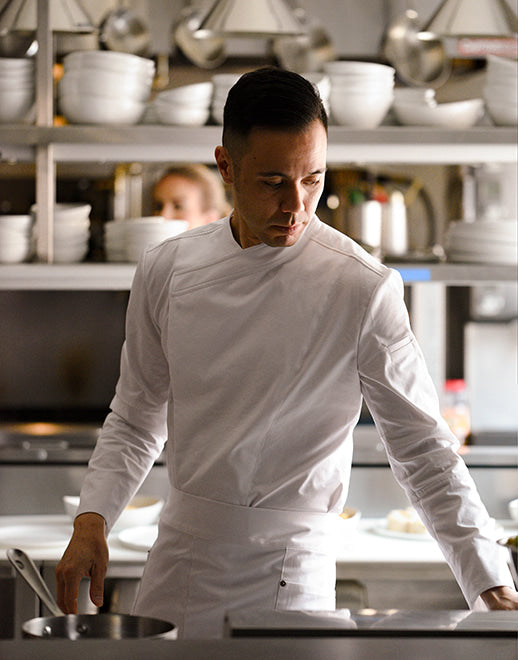 Different length collar stretch chef coat #AJ1946