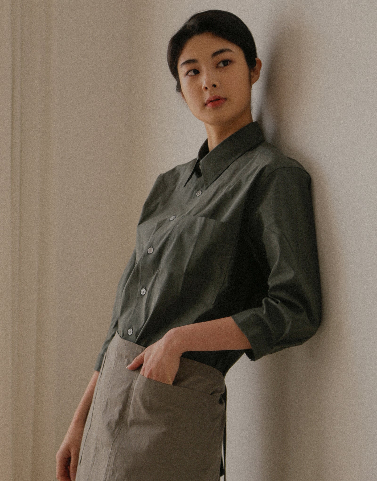 Chemise ample en coton à manches capri #AS1993 Gris foncé