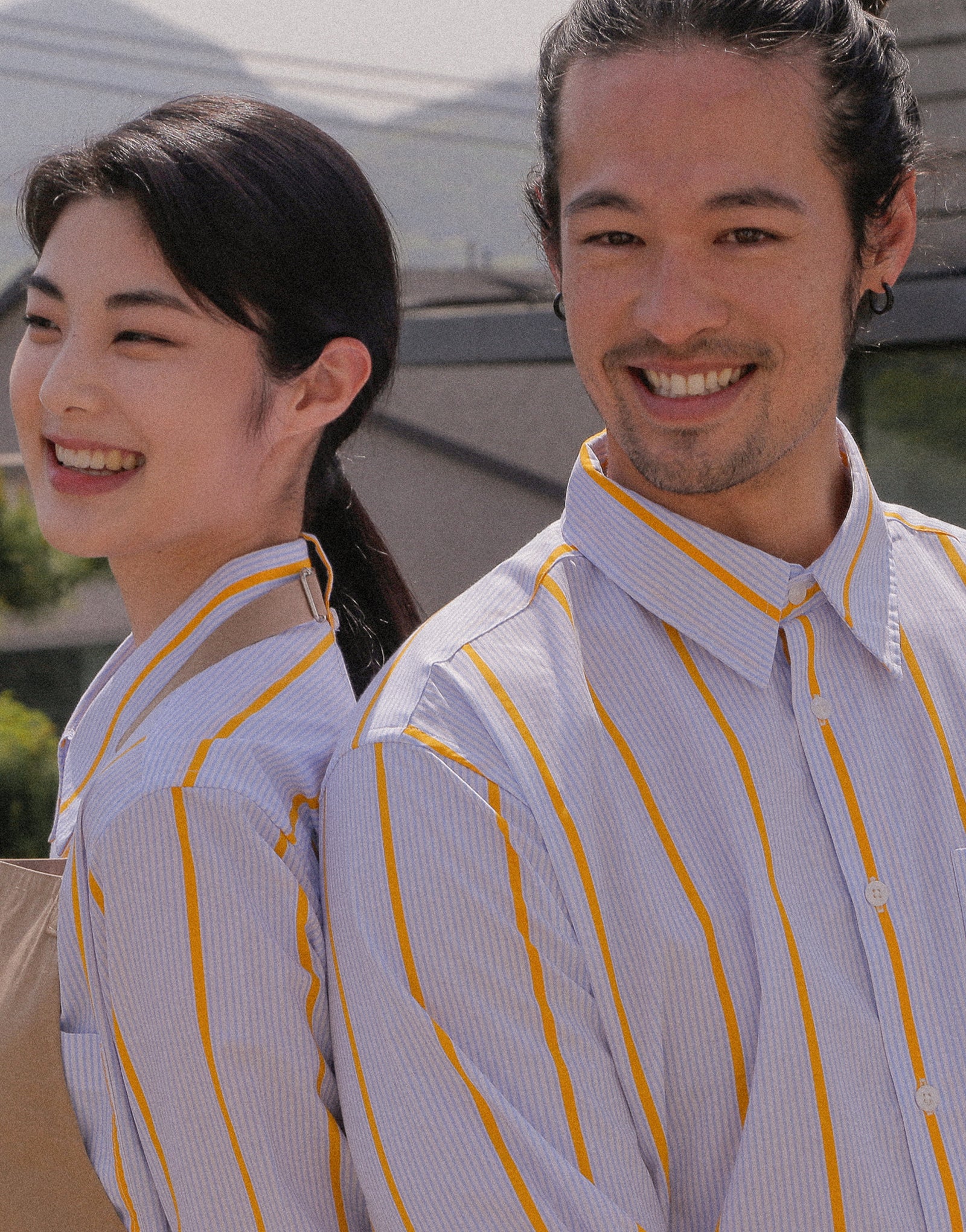 Chemise ample en coton à manches capri #AS1993 Rayures jaunes