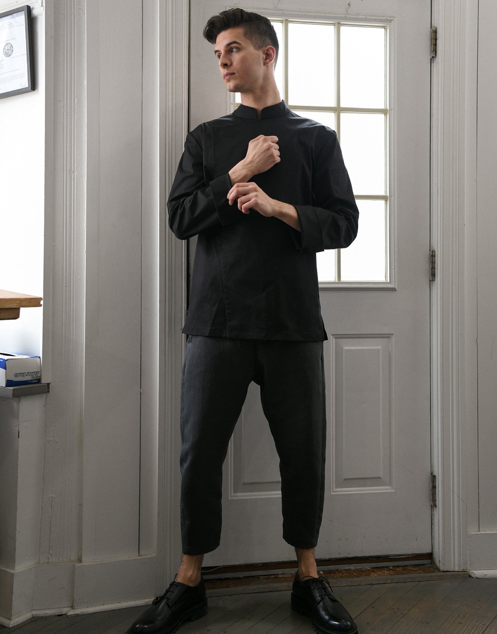 Back side Cooling stretch chef coat #AJ1945 Black