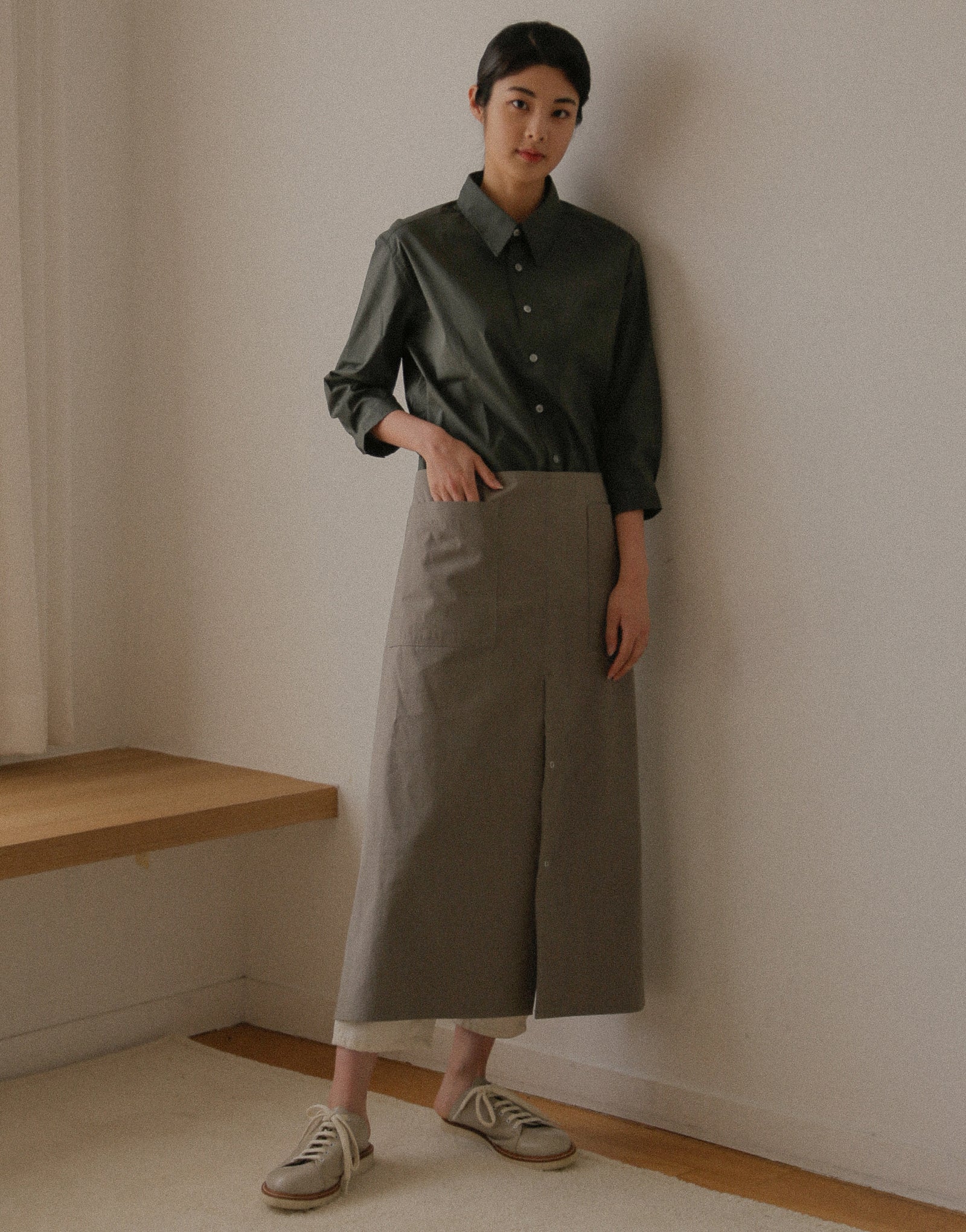 Chemise ample en coton à manches capri #AS1993 Gris foncé