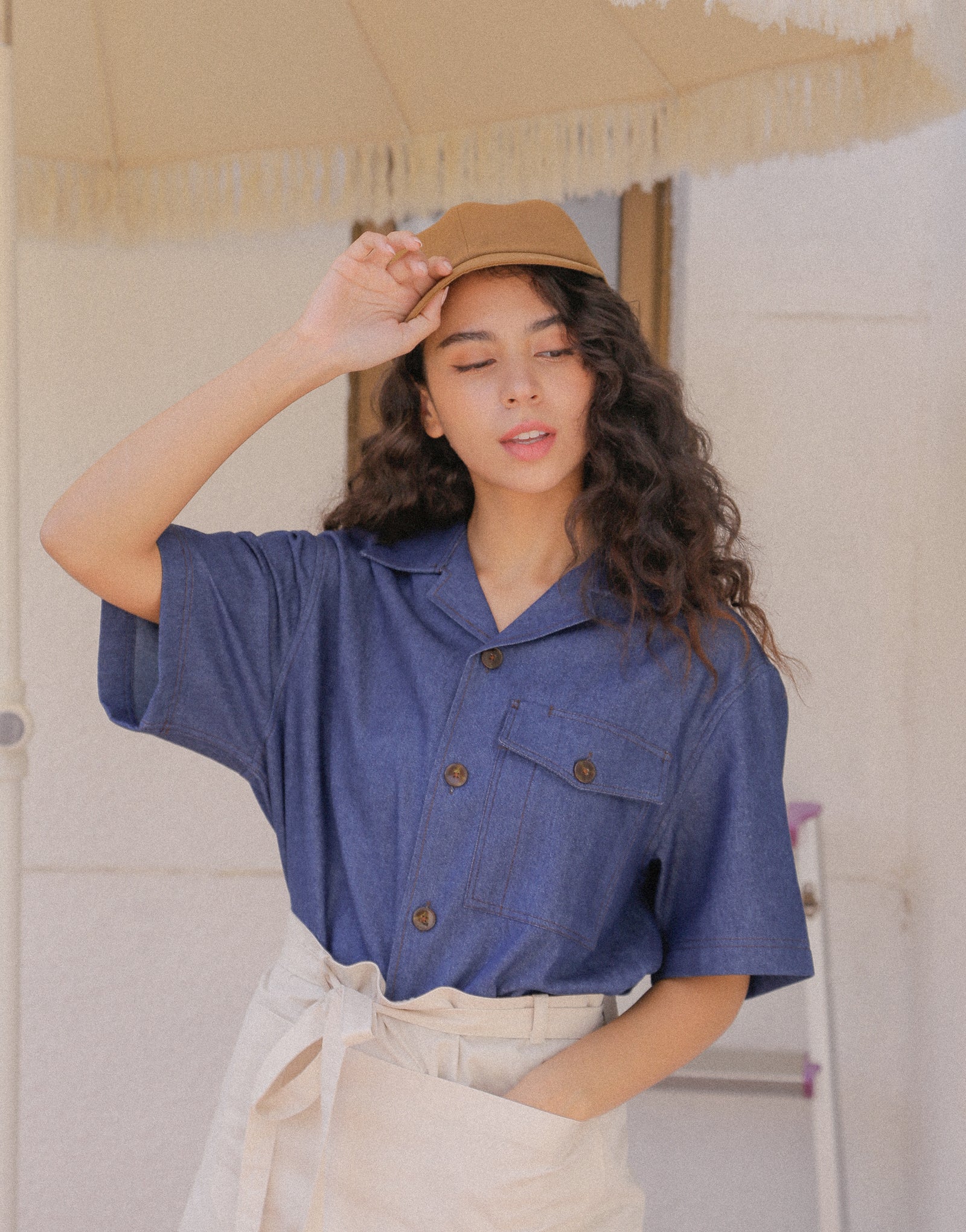 Chemise à manches courtes en denim bio à col ouvert #AS1991