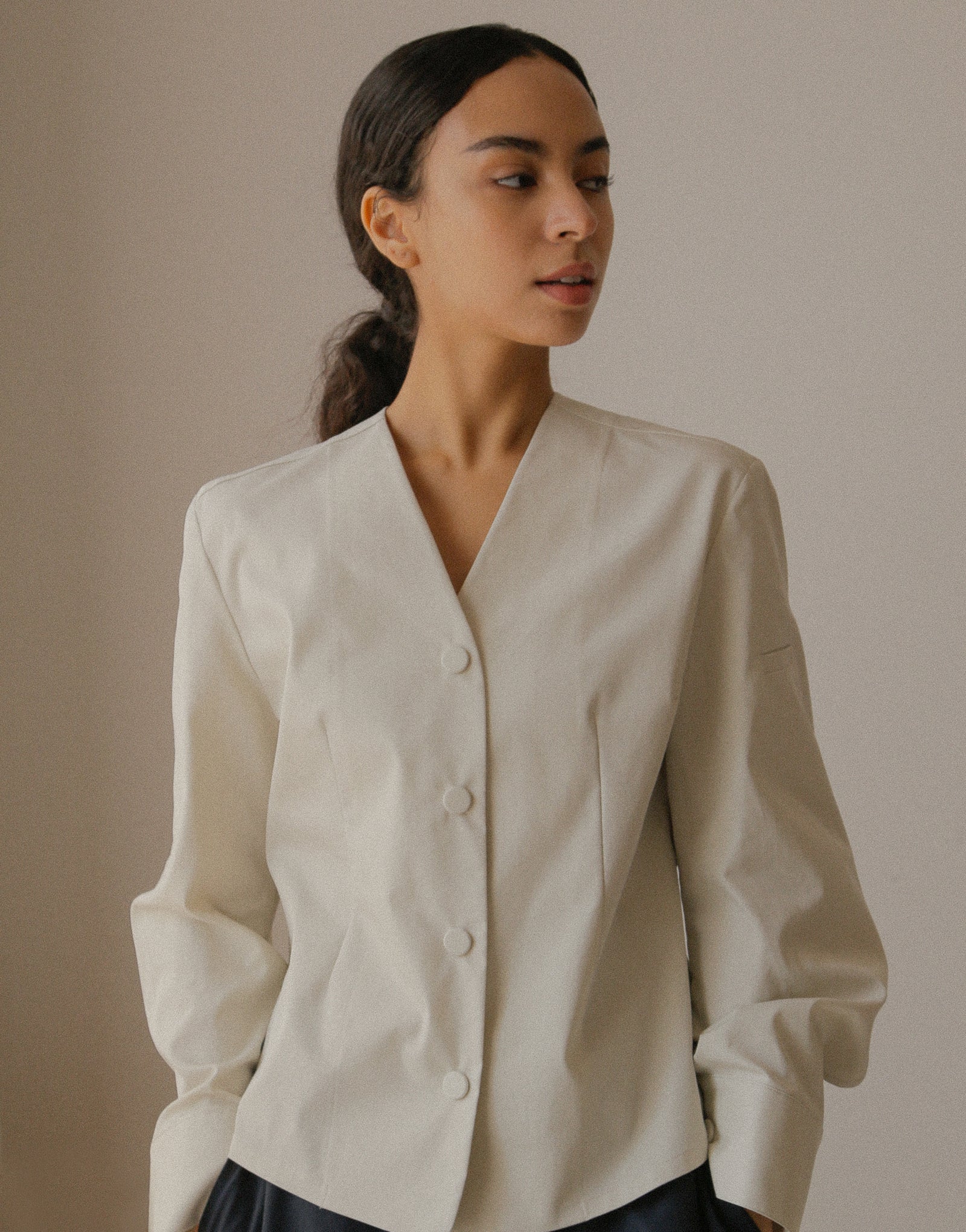 V-neck puff sleeve woman chef coat #AJ1982 Cream