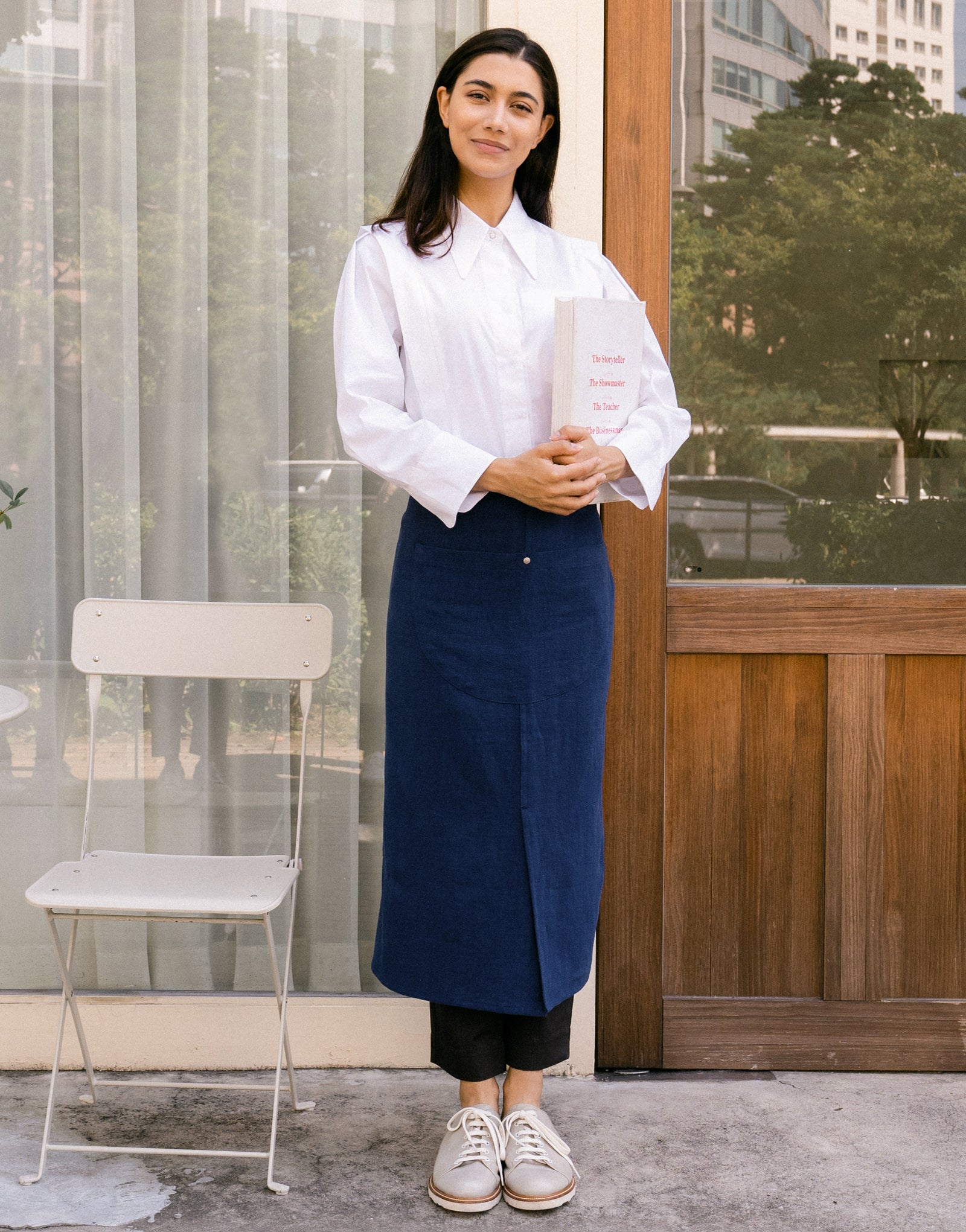 Natural linen half moon waist apron #AA2009 Blue