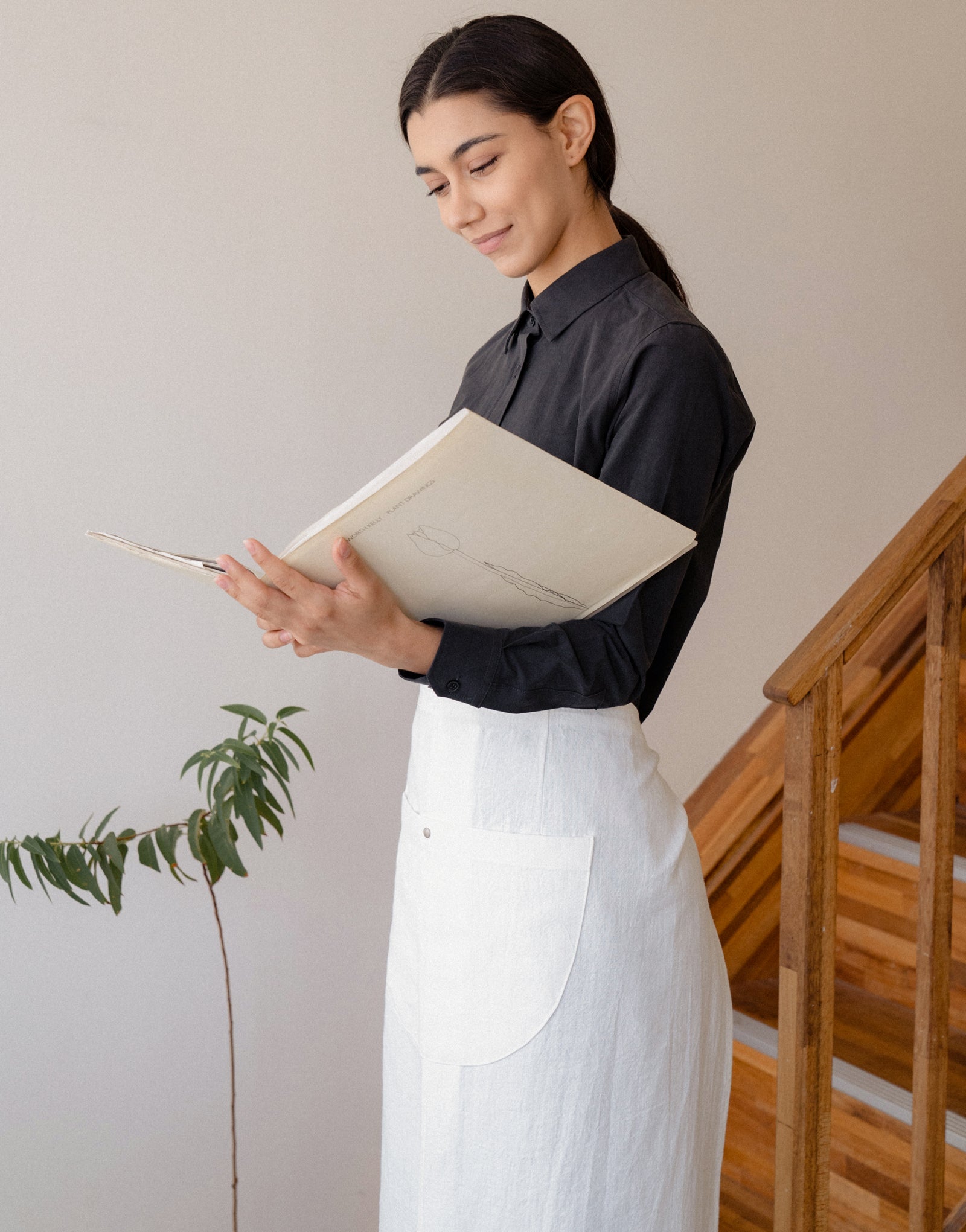 Natural linen half moon waist apron #AA2009 Ivory