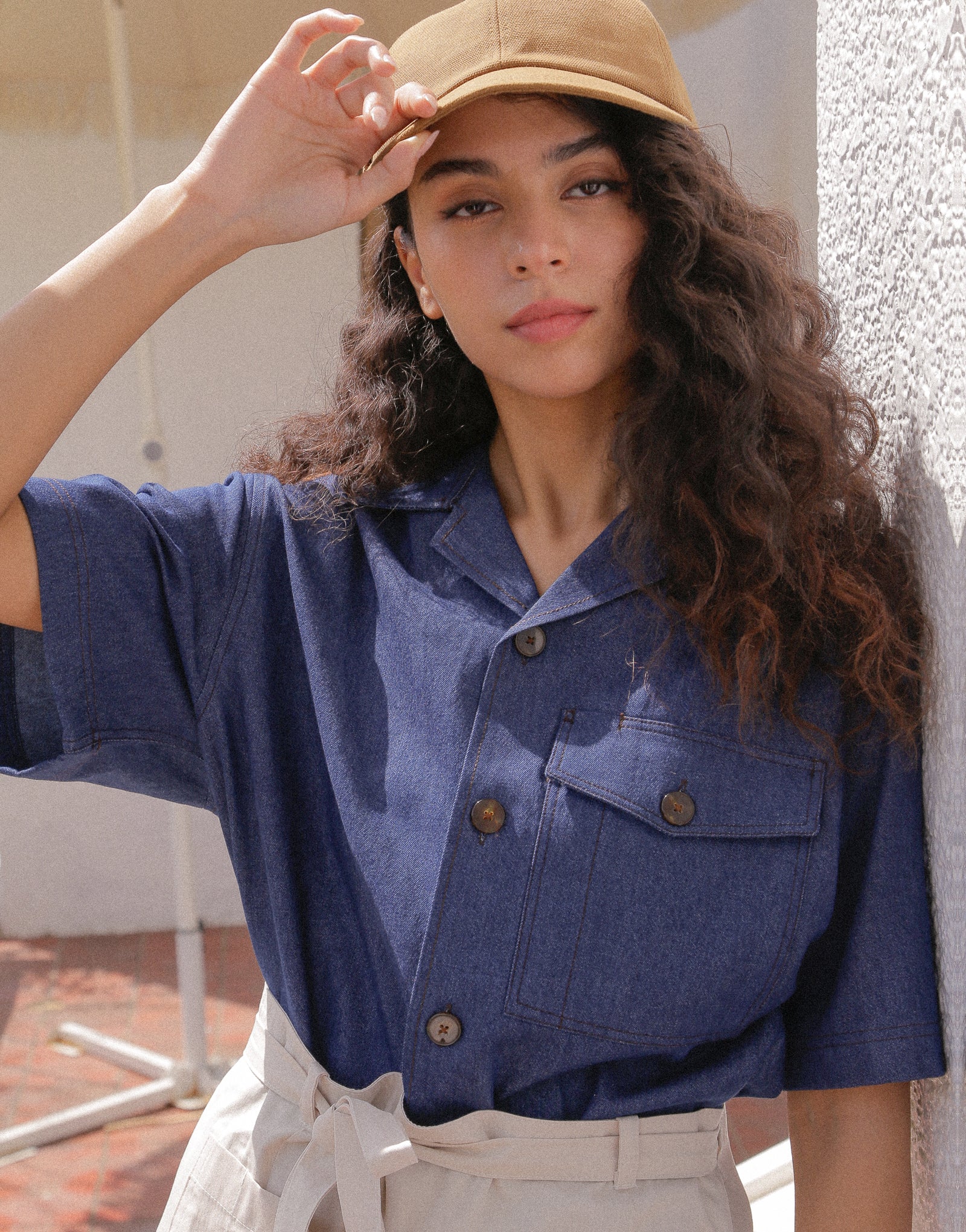 Open collar bio denim short sleeve shirt #AS1991