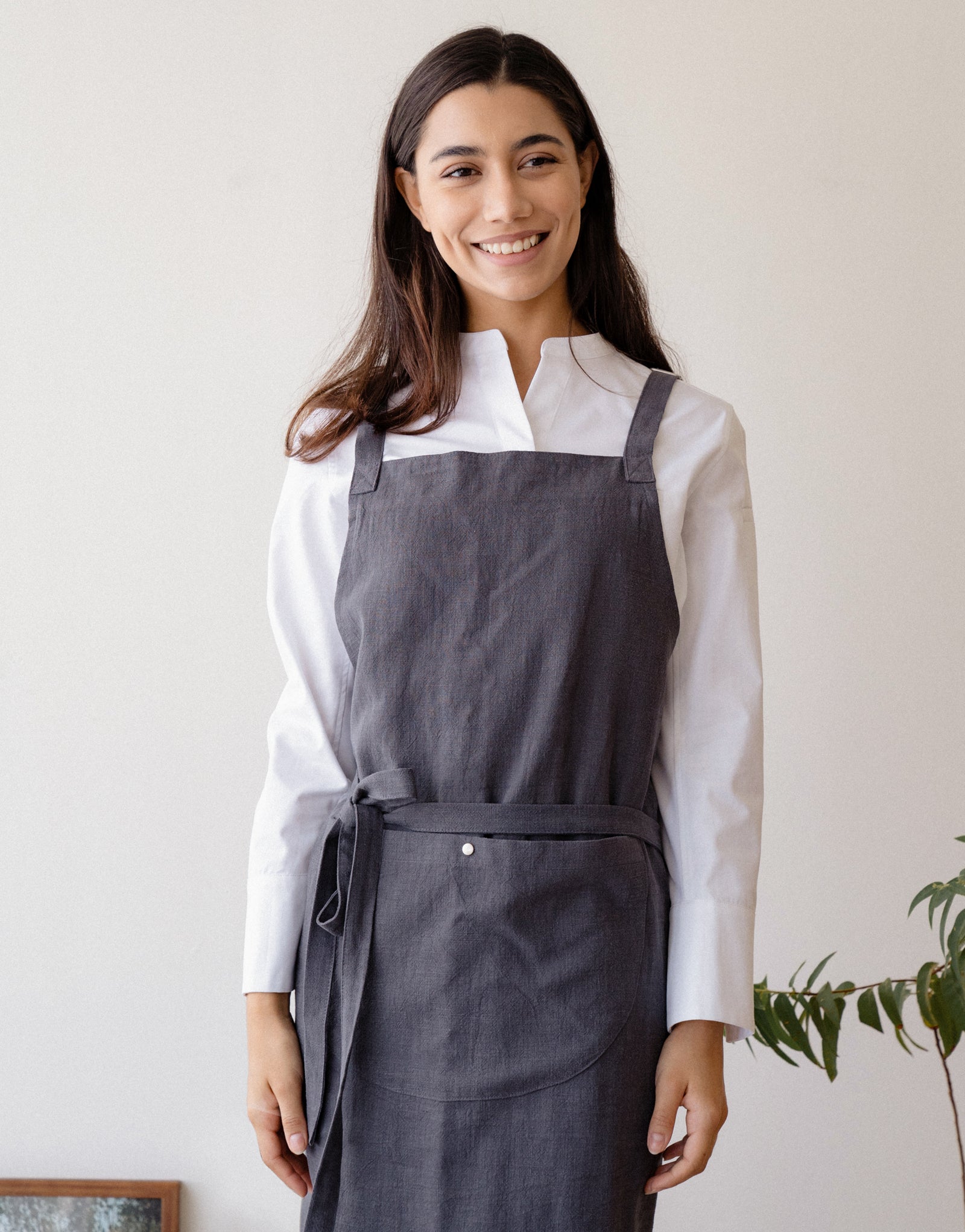 Natural linen half moon chest apron #AA2008 Charcoal