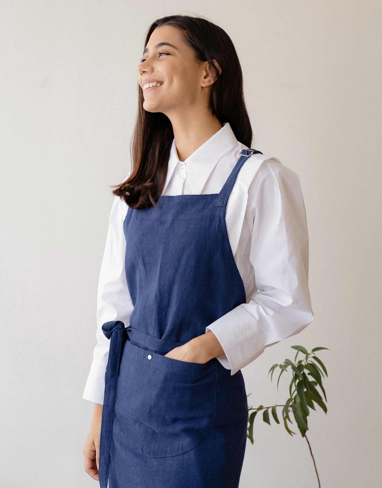 Natural linen half moon chest apron #AA2008 Blue