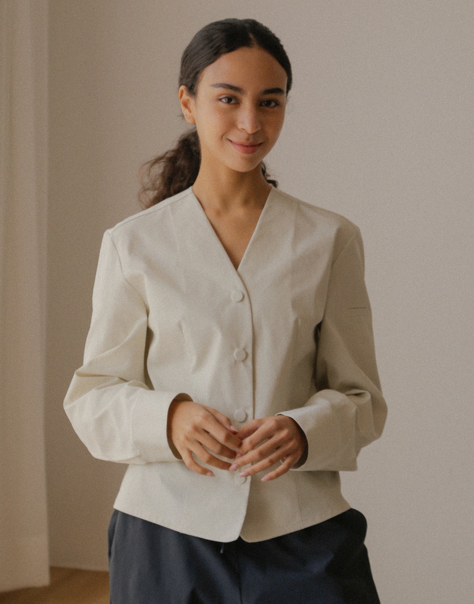 V-neck puff sleeve woman chef coat #AJ1982 Cream