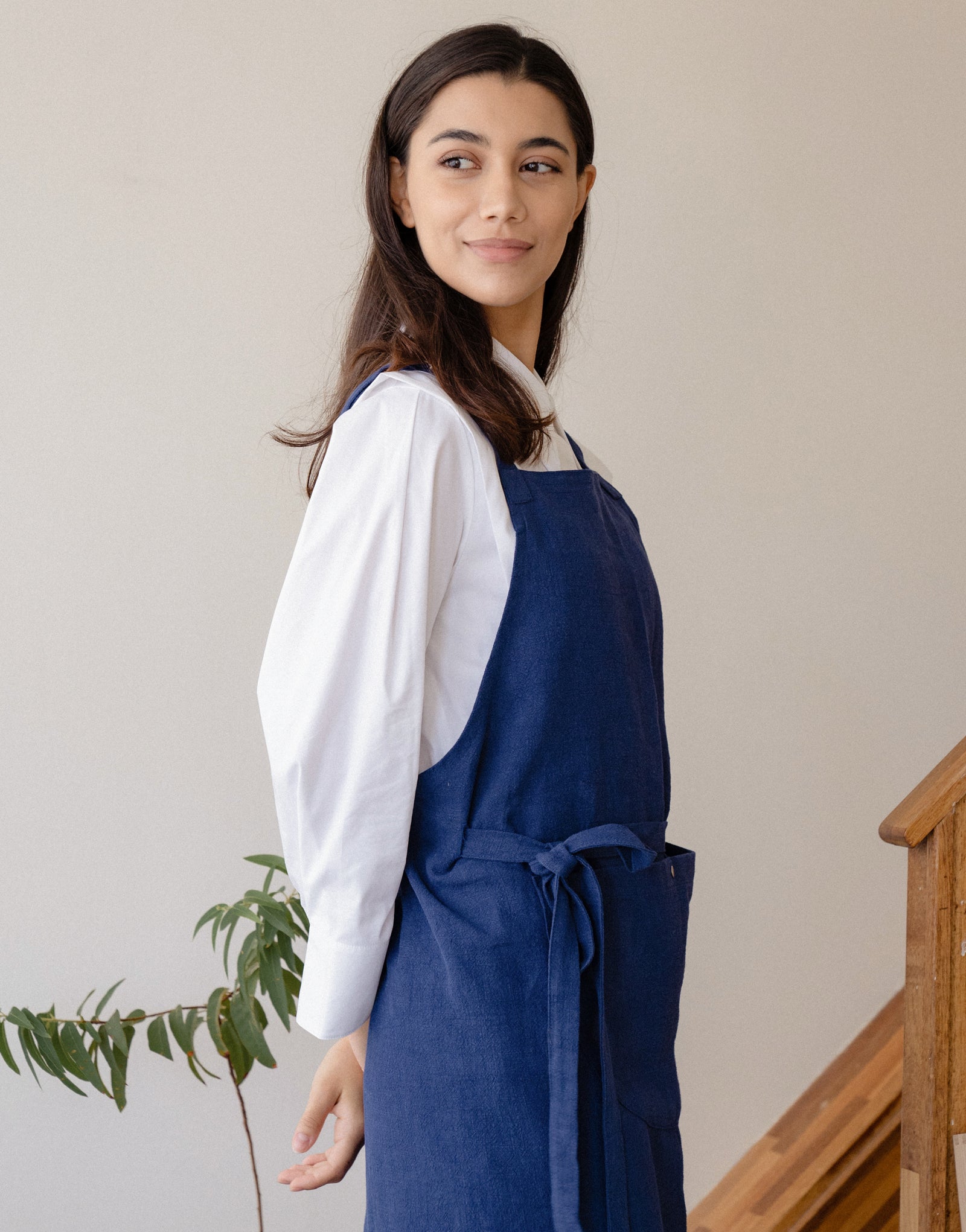 Natural linen half moon chest apron #AA2008 Blue