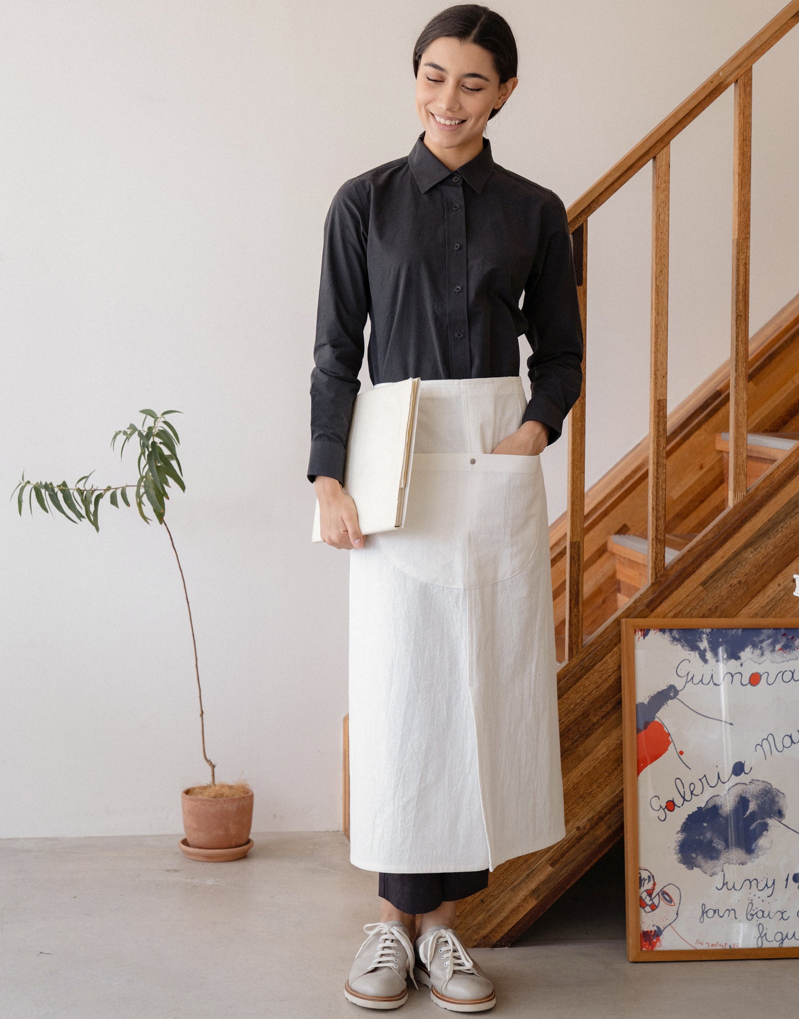 Natural linen half moon waist apron #AA2009 Ivory