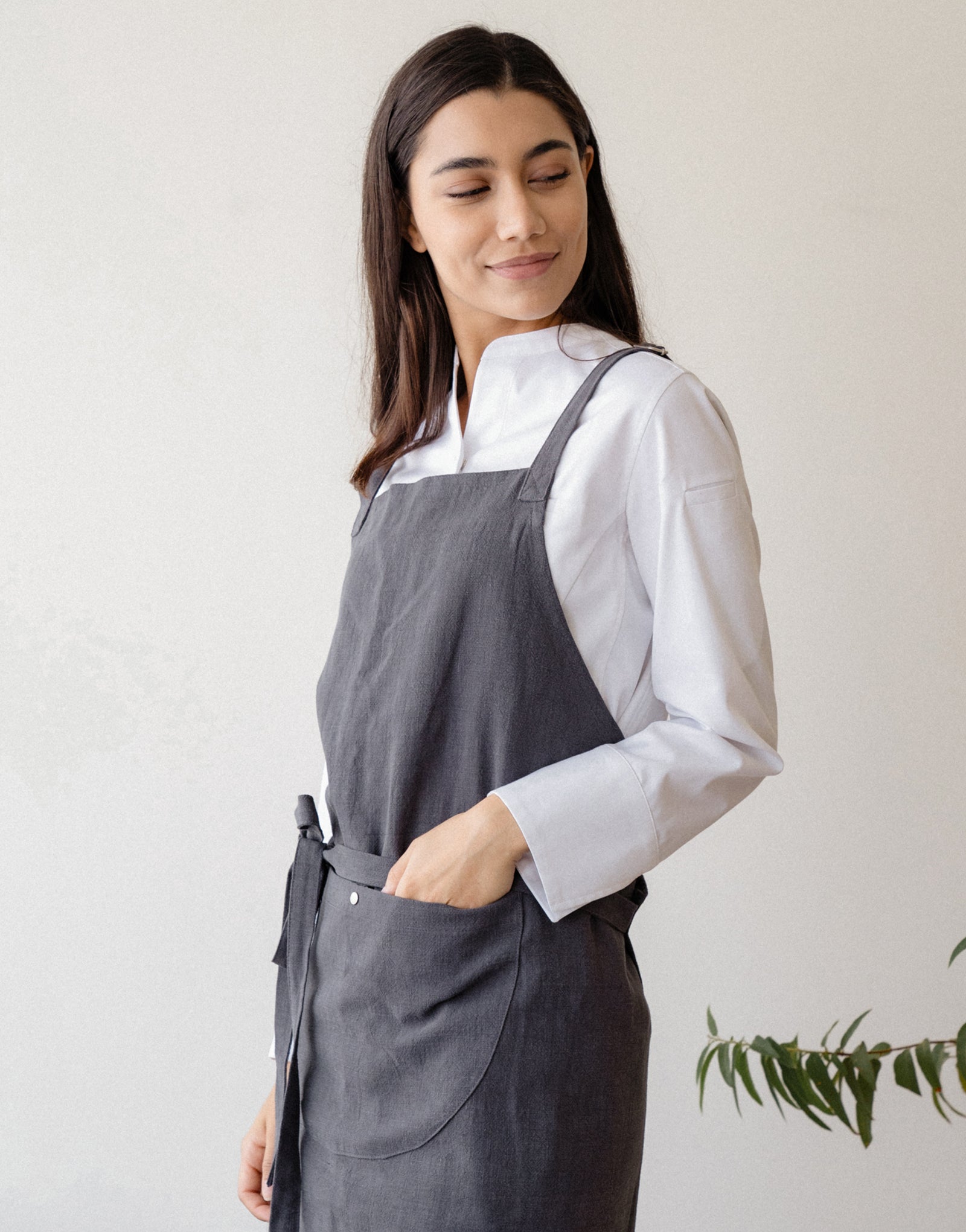Natural linen half moon chest apron #AA2008 Charcoal