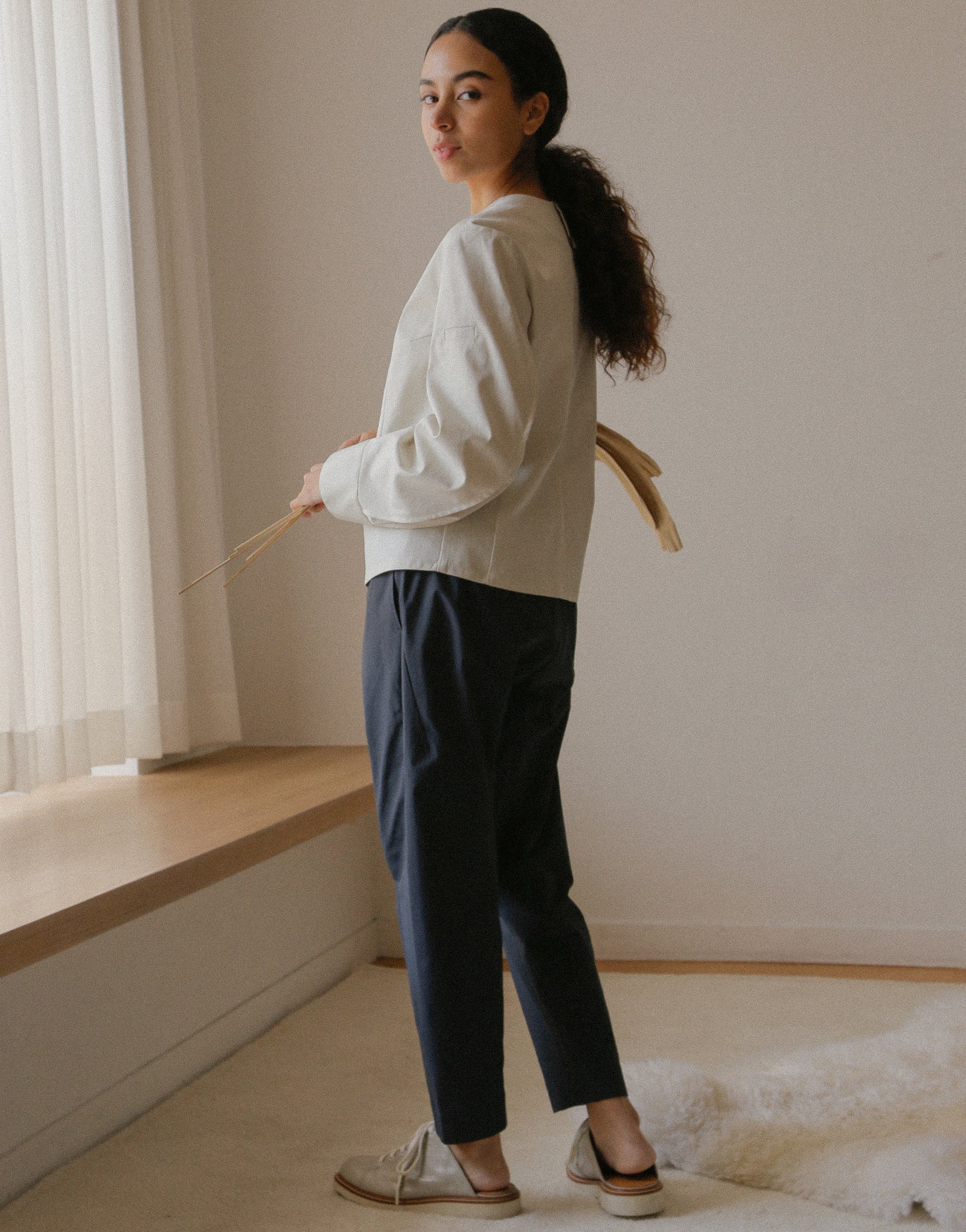 V-neck puff sleeve woman chef coat #AJ1982 Cream