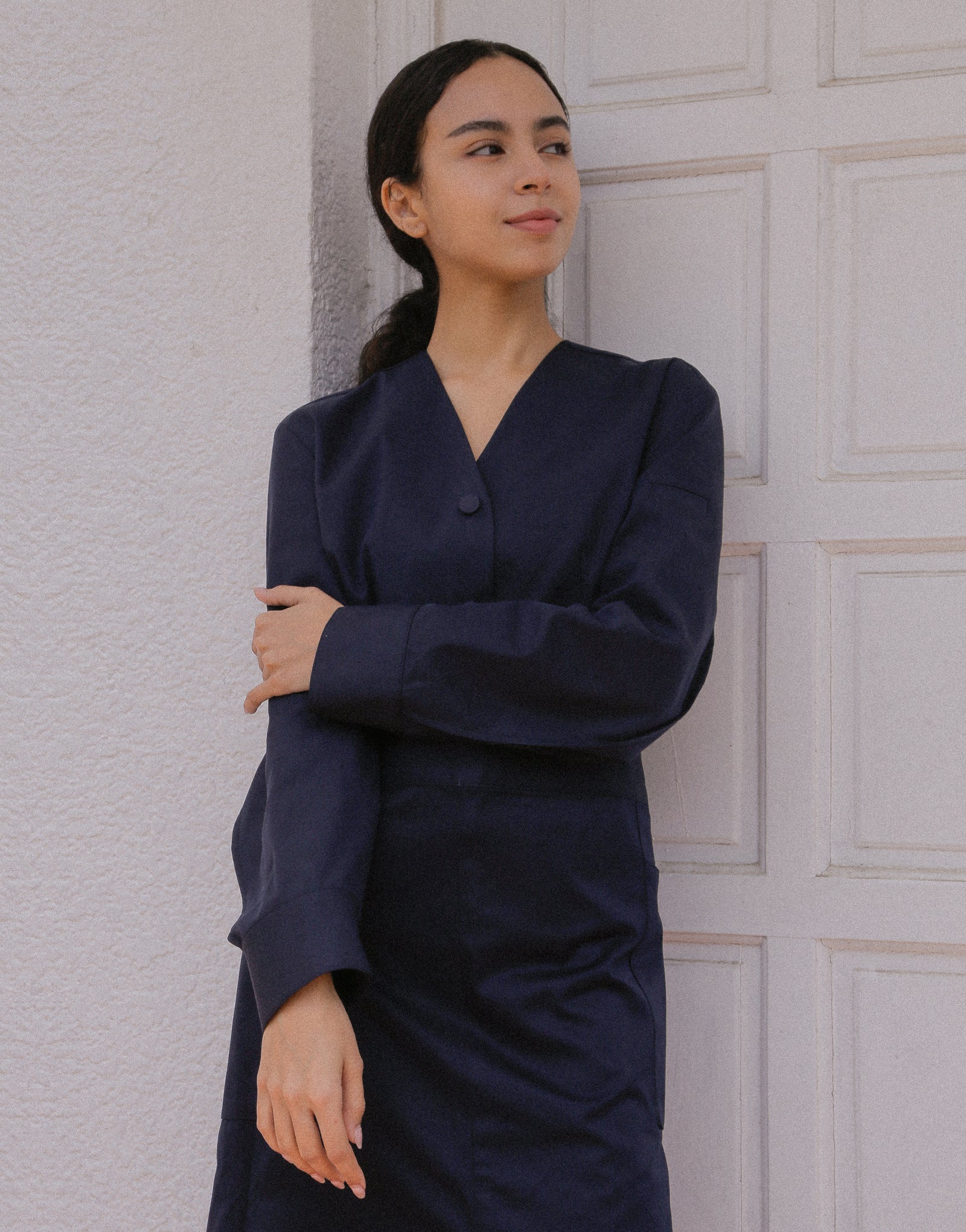 V-neck puff sleeve woman chef coat #AJ1982 Dark navy