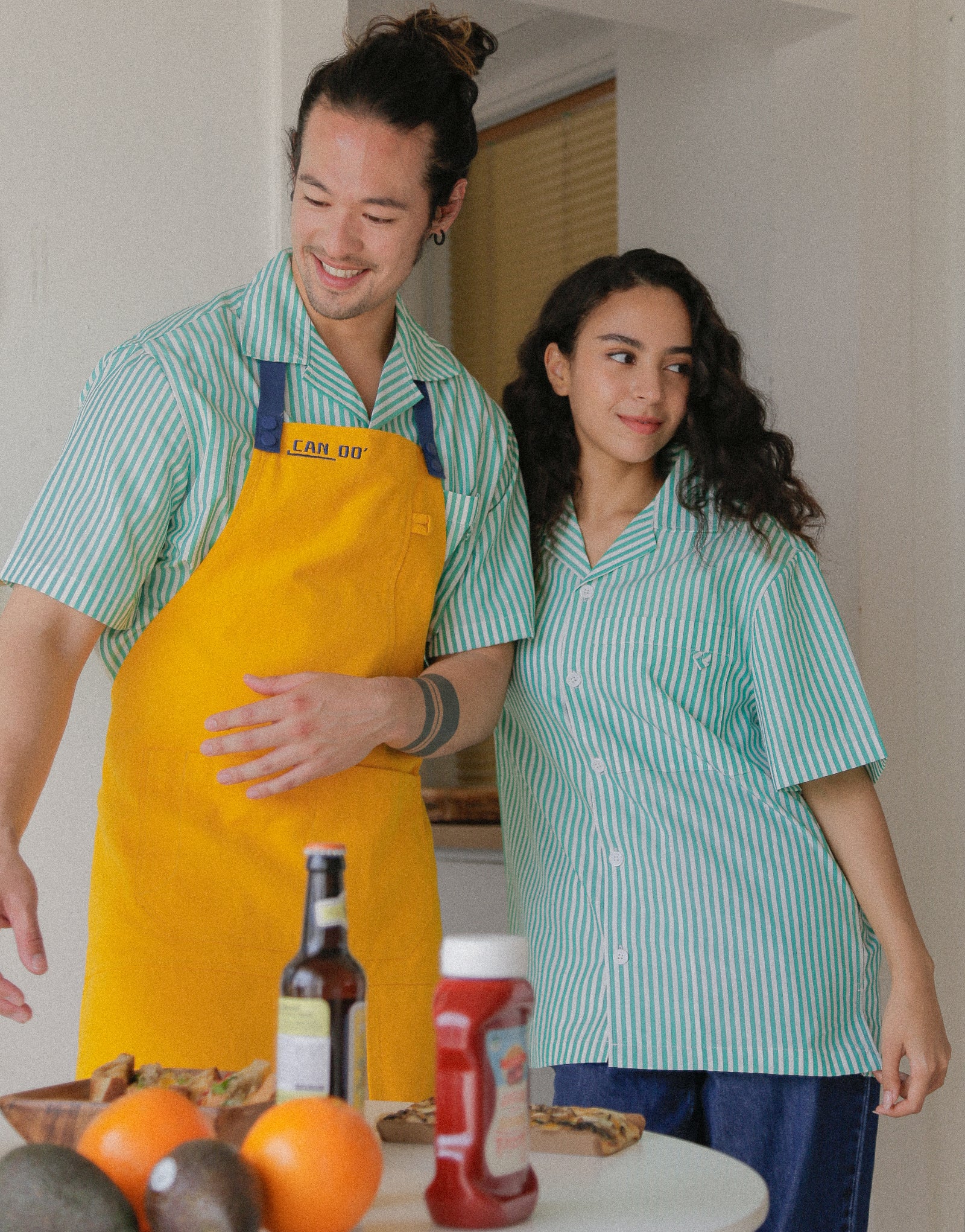 Open collar green striped short-sleeved shirt #AS1990