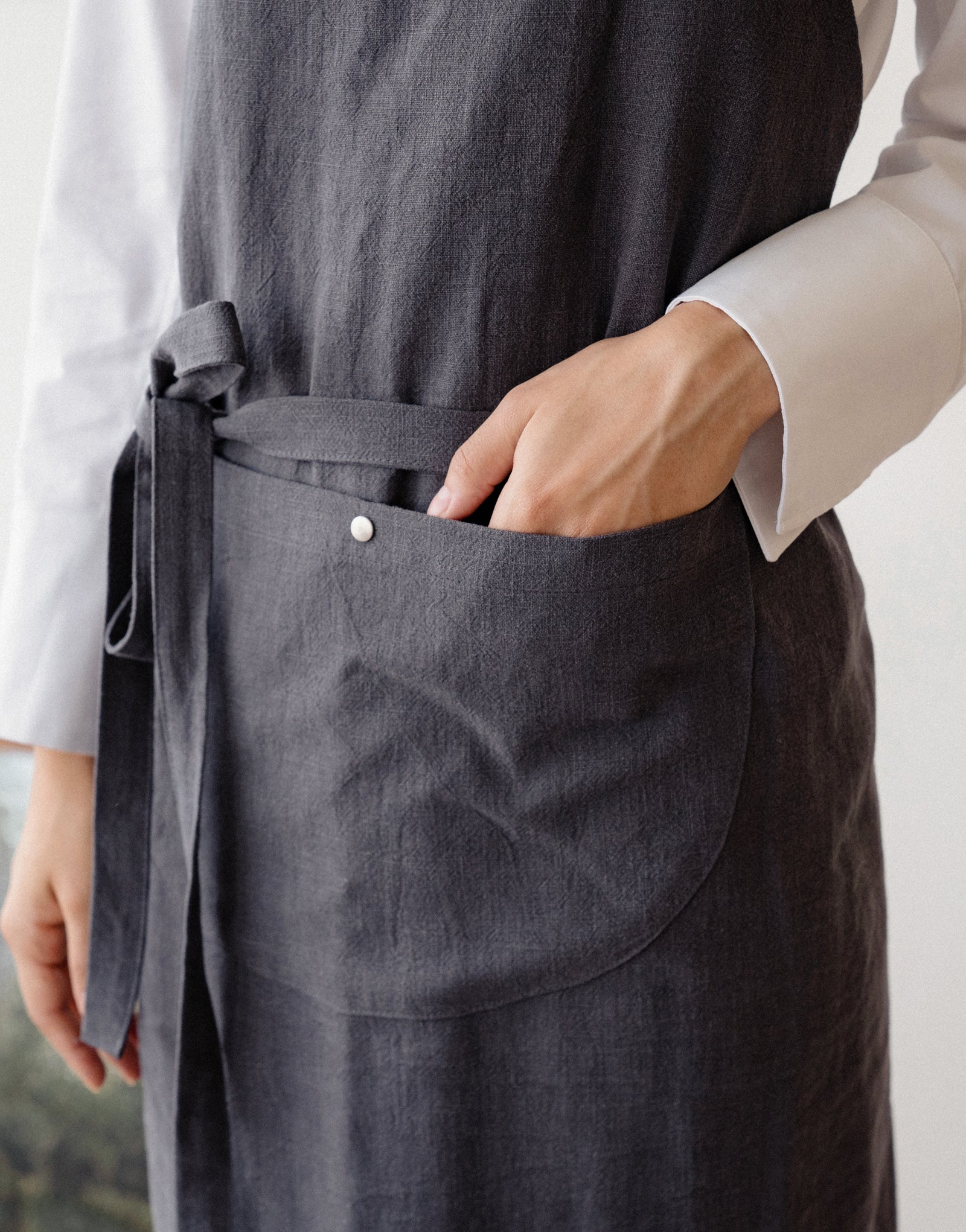 Natural linen half moon chest apron #AA2008 Charcoal