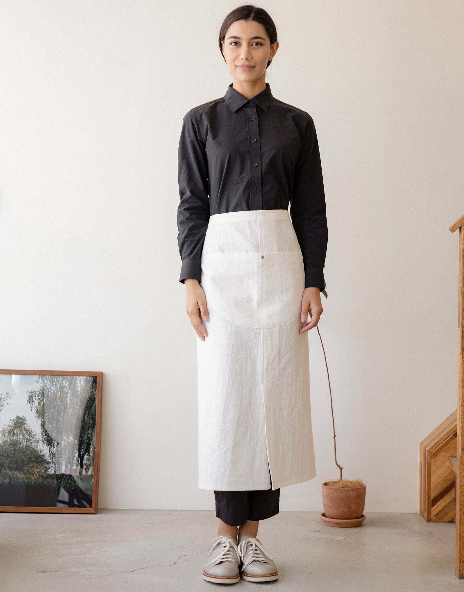 Natural linen half moon waist apron #AA2009 Ivory