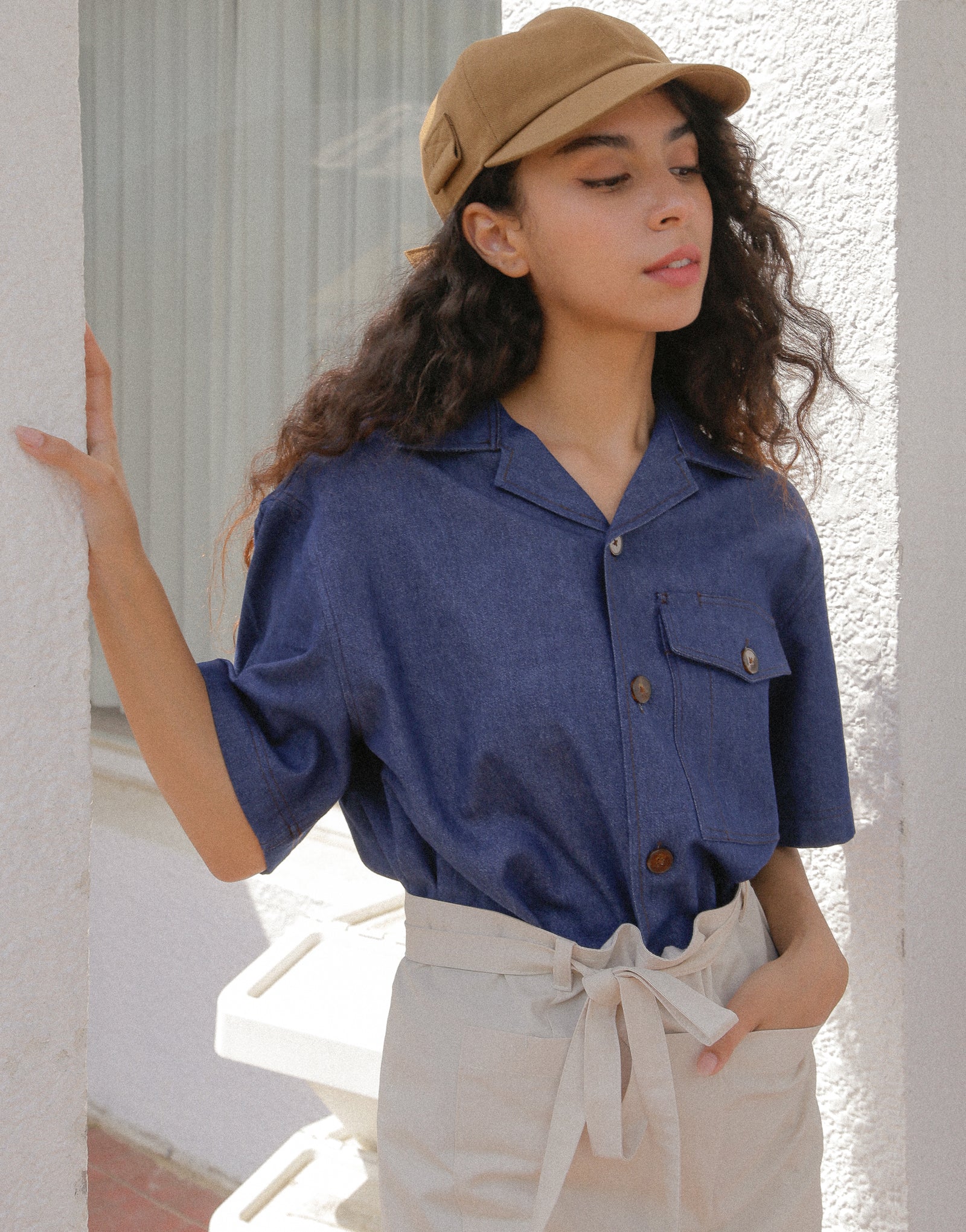 Open collar bio denim short sleeve shirt #AS1991