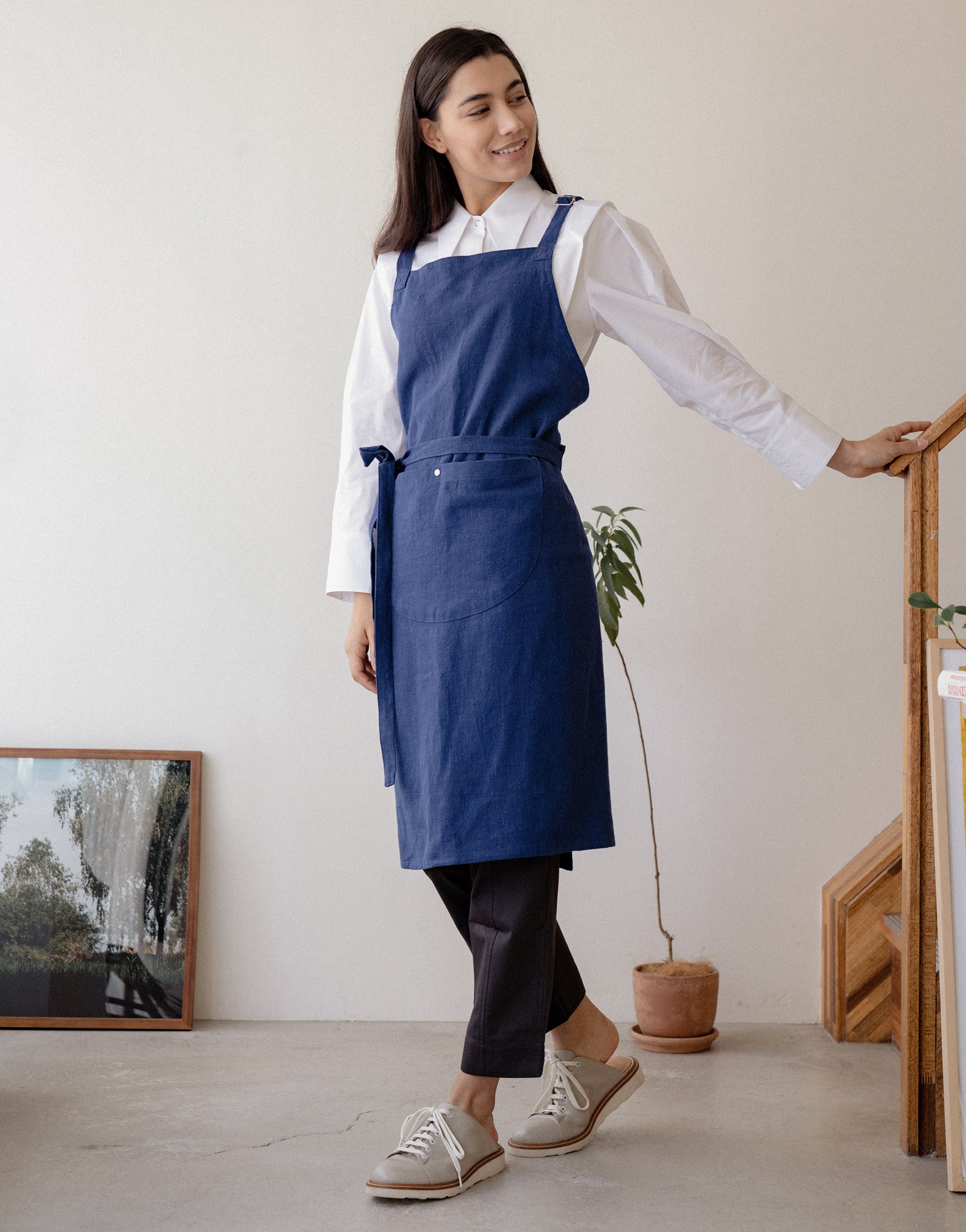 Natural linen half moon chest apron #AA2008 Blue