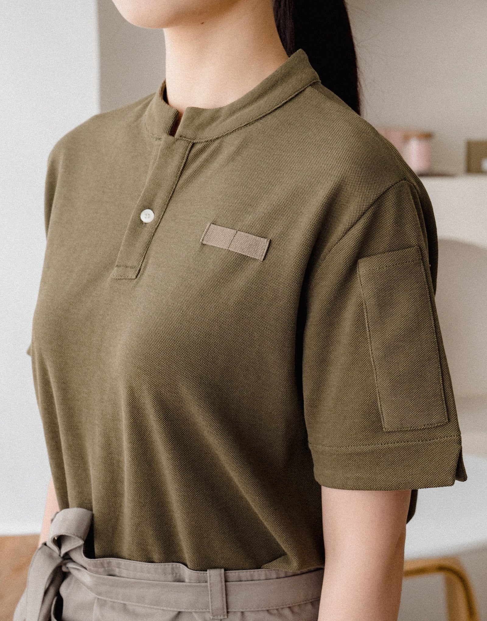 China kara one button PK T-shirt #AT1997 Khaki