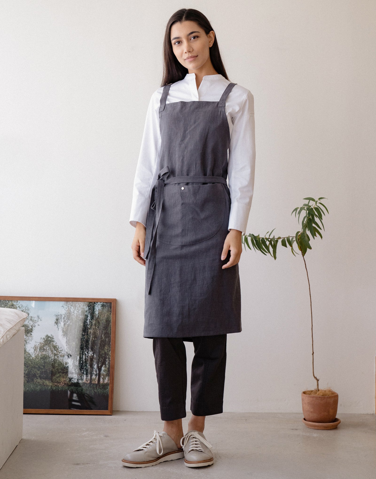 Natural linen half moon chest apron #AA2008 Charcoal