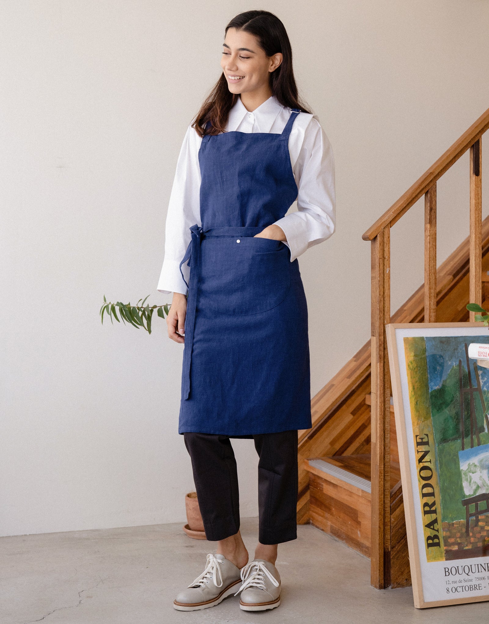 Natural linen half moon chest apron #AA2008 Blue