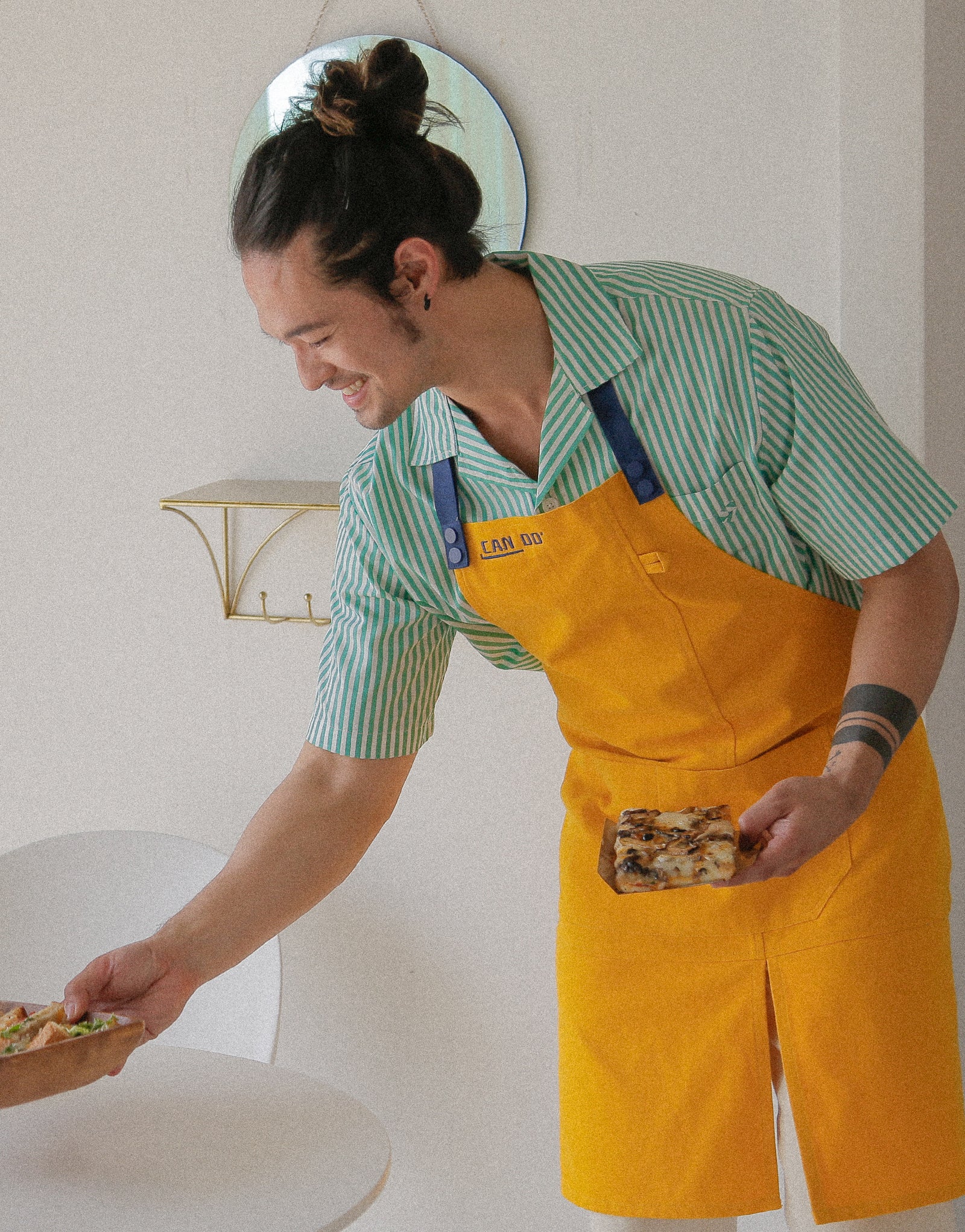 Open collar green striped short-sleeved shirt #AS1990