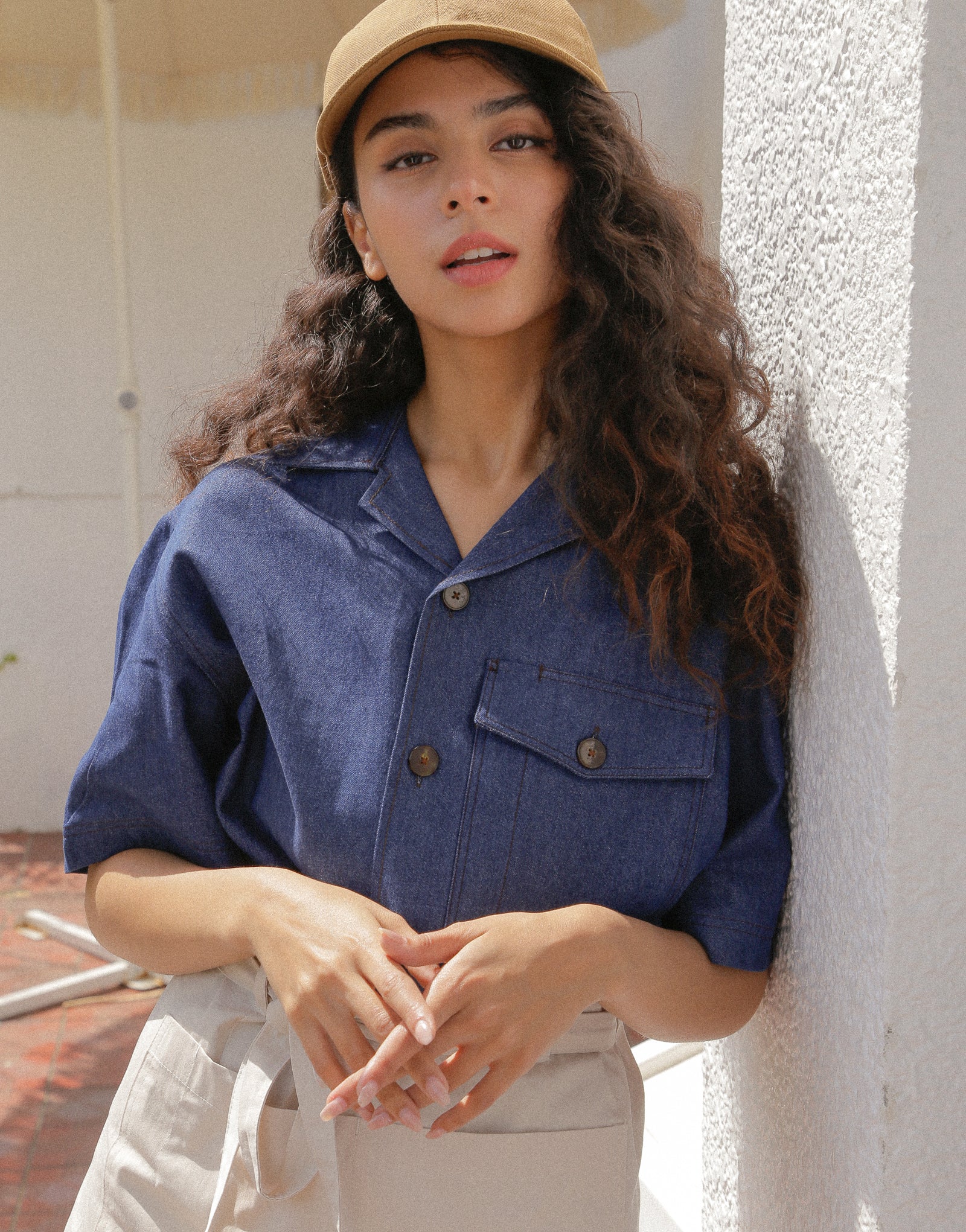 Open collar bio denim short sleeve shirt #AS1991