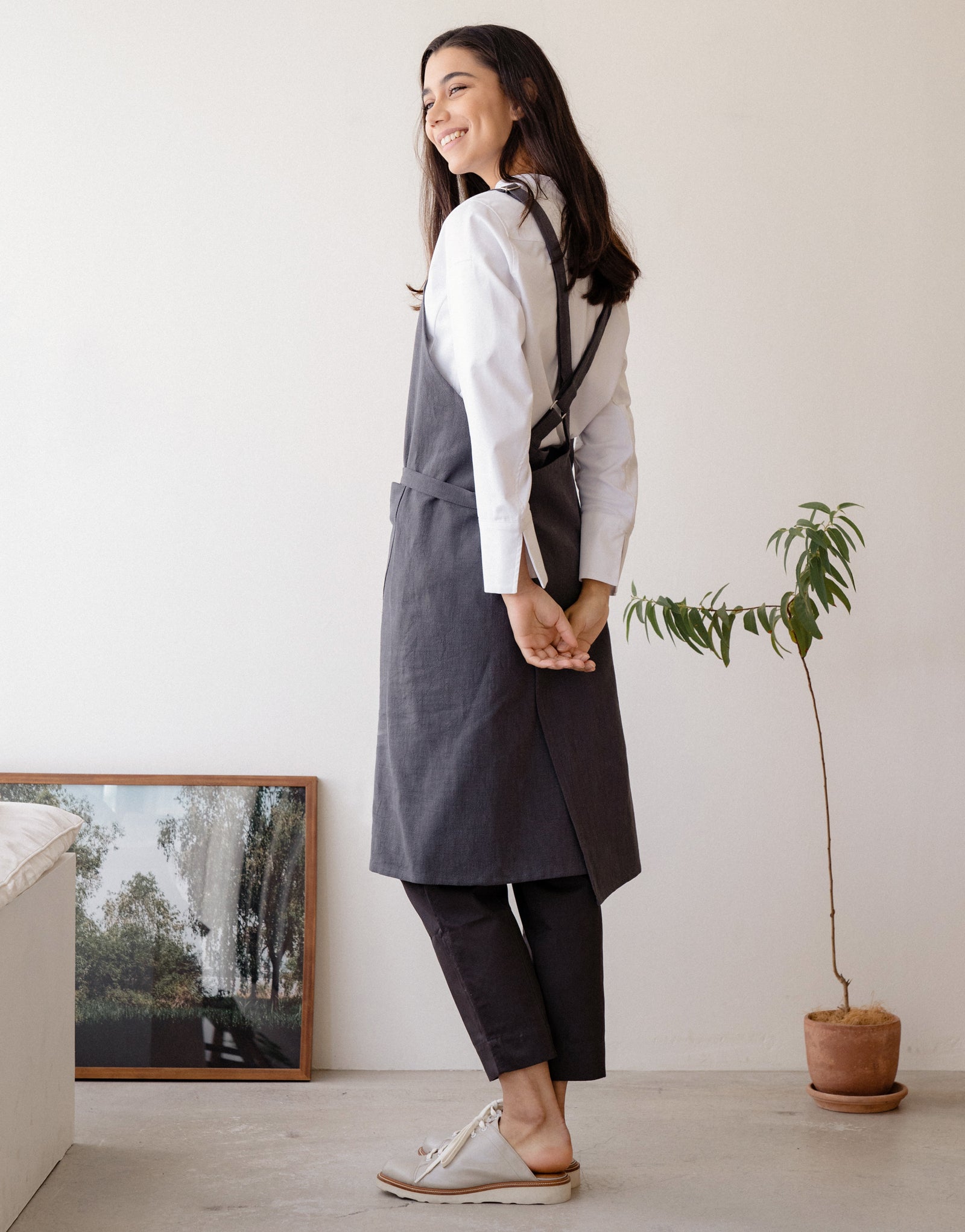 Natural linen half moon chest apron #AA2008 Charcoal