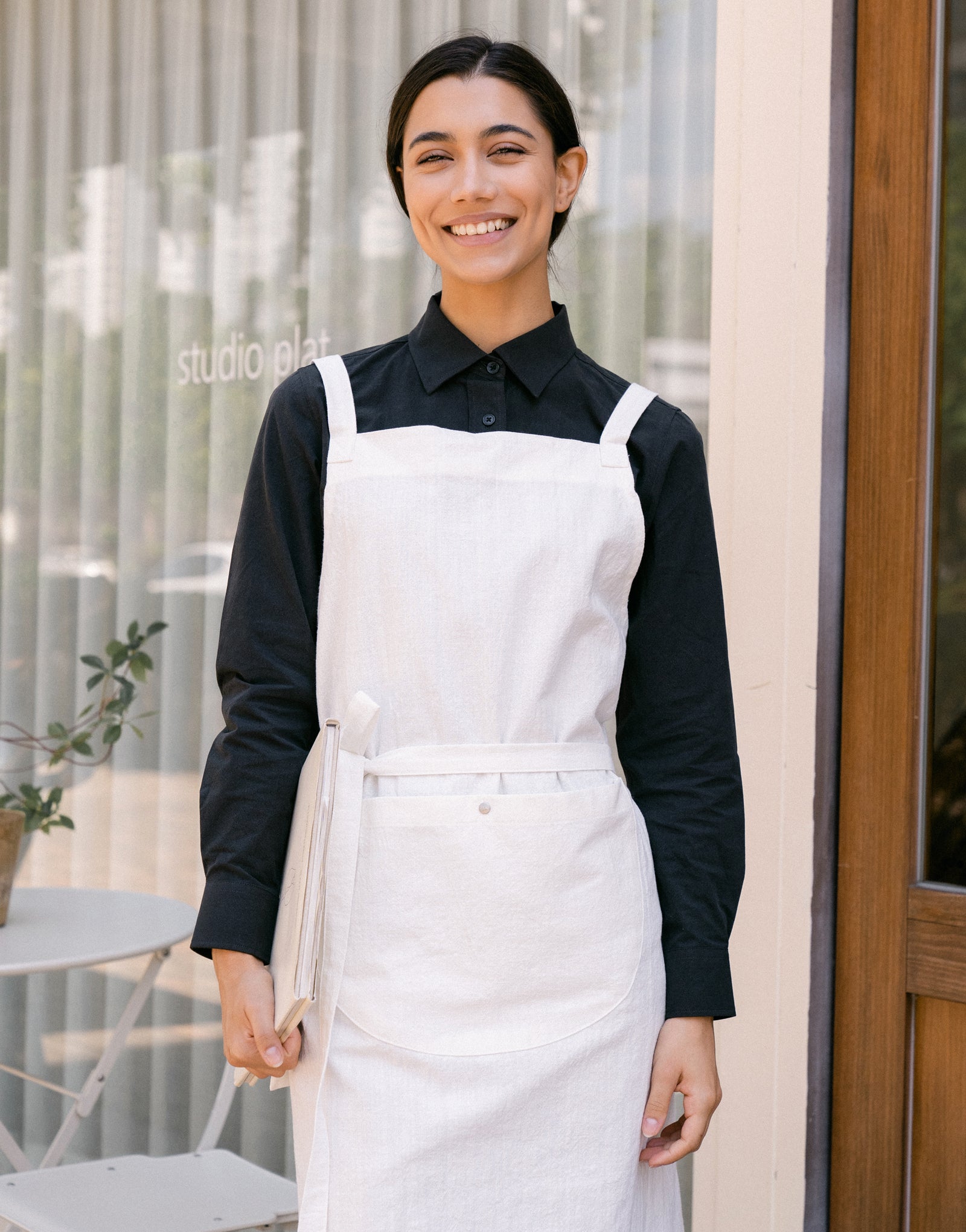 Natural linen half moon chest apron #AA2008 Ivory