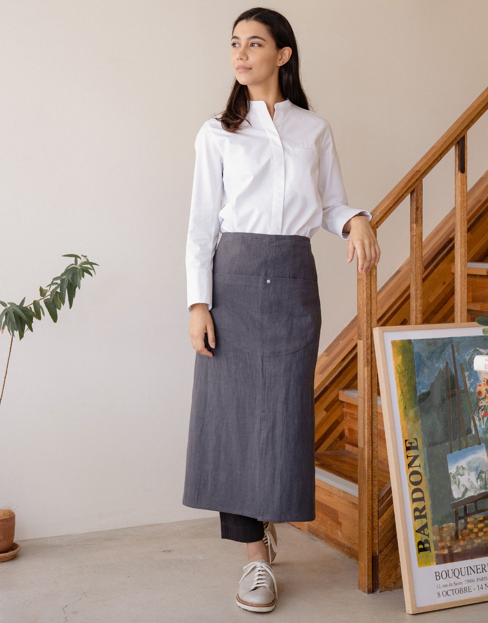 Natural linen half moon waist apron #AA2009 Charcoal