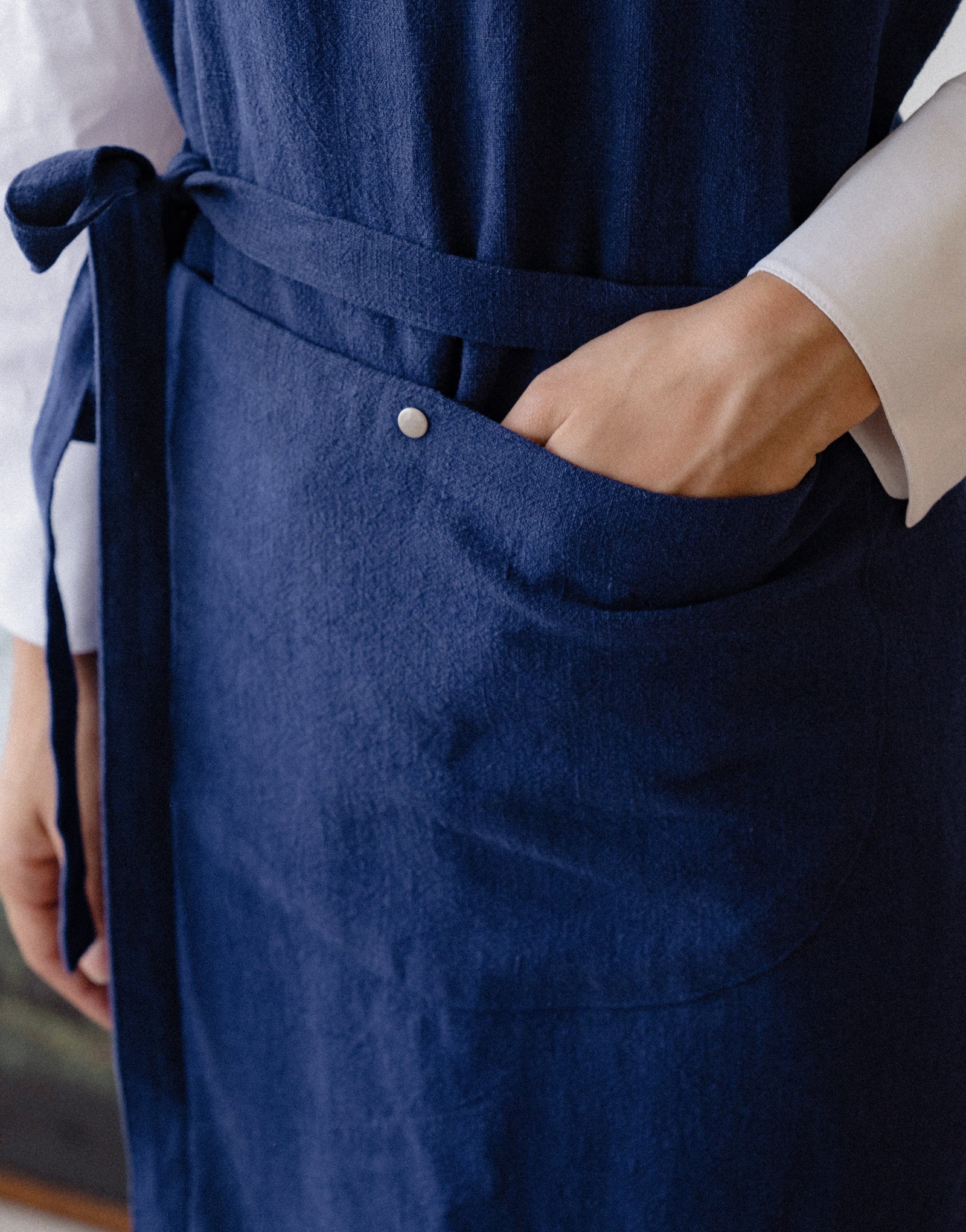 Natural linen half moon chest apron #AA2008 Blue