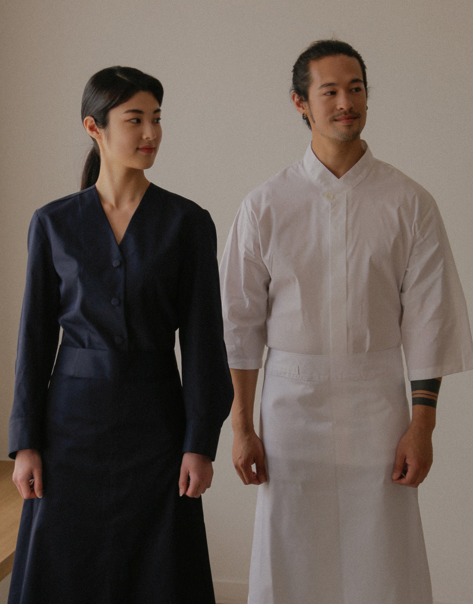 V-neck puff sleeve woman chef coat #AJ1982 Dark navy