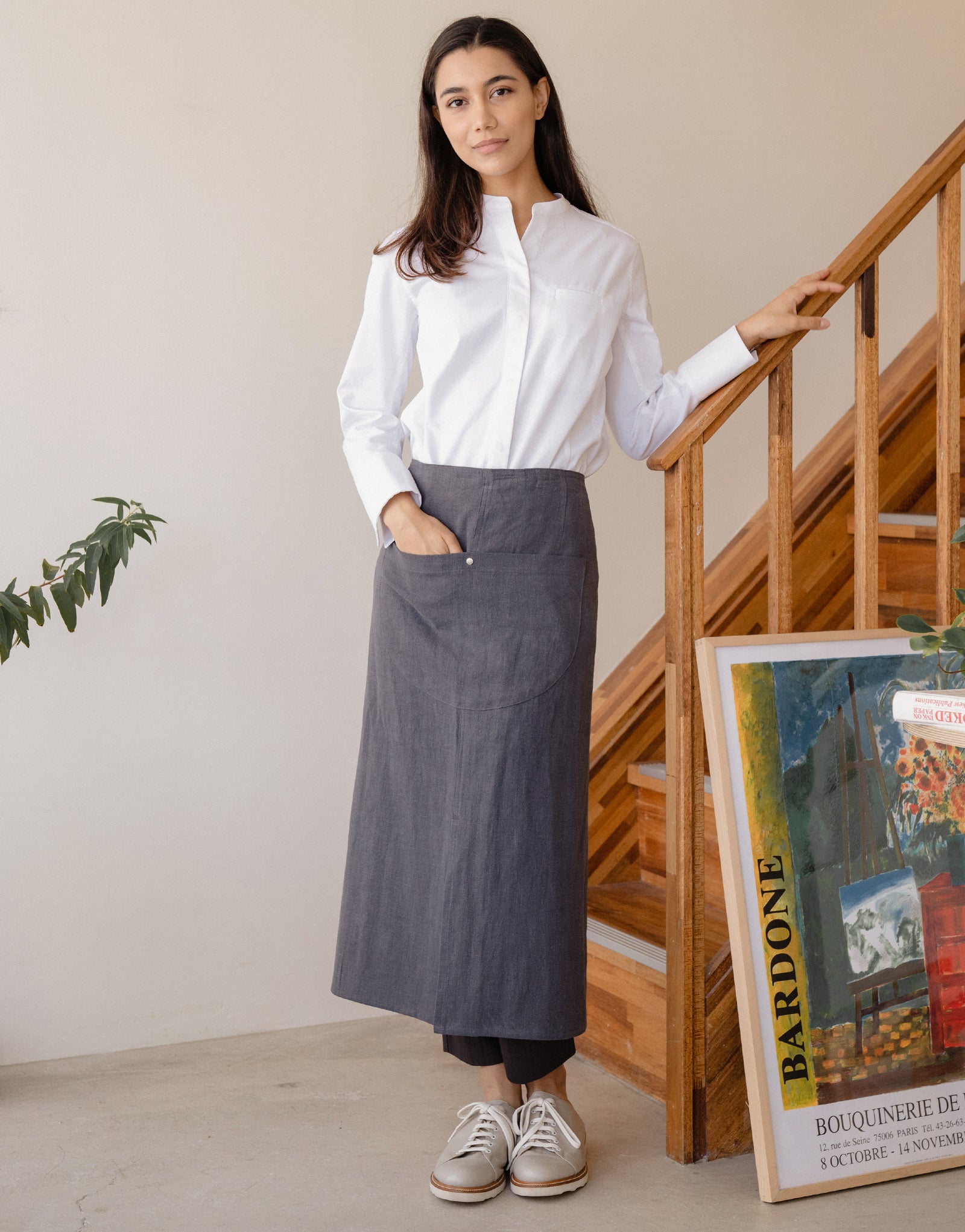 Natural linen half moon waist apron #AA2009 Charcoal