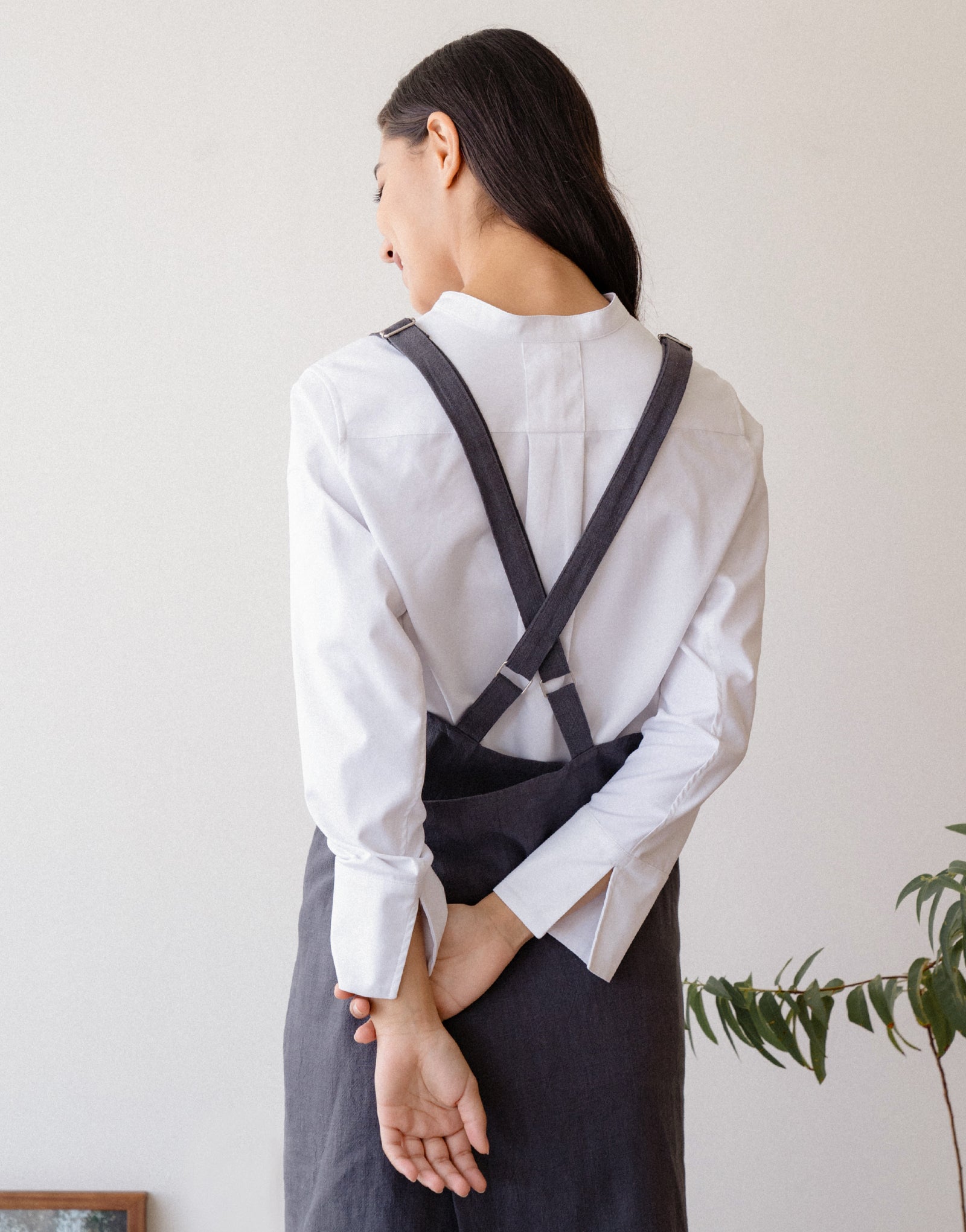 Natural linen half moon chest apron #AA2008 Charcoal