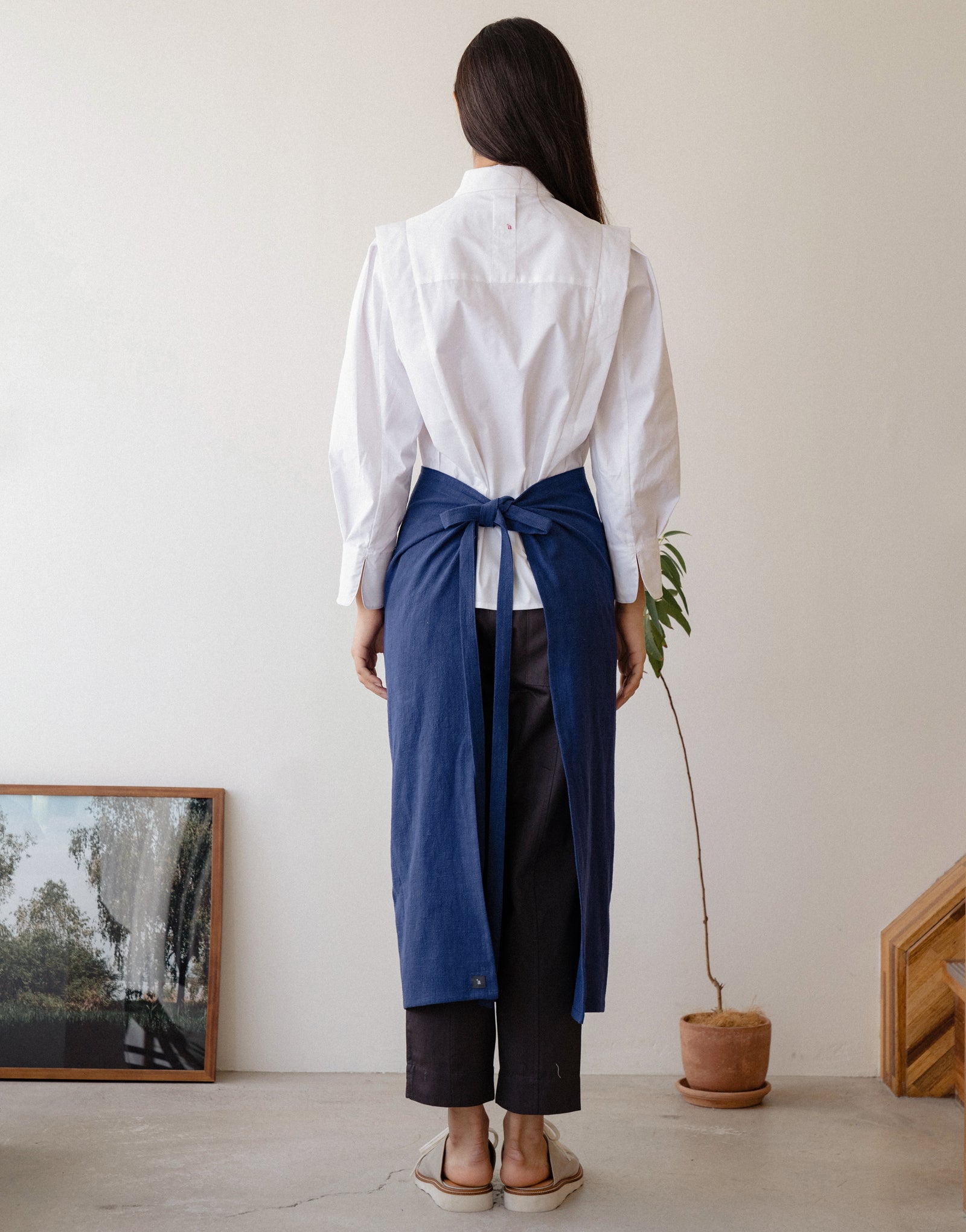 Natural linen half moon waist apron #AA2009 Blue