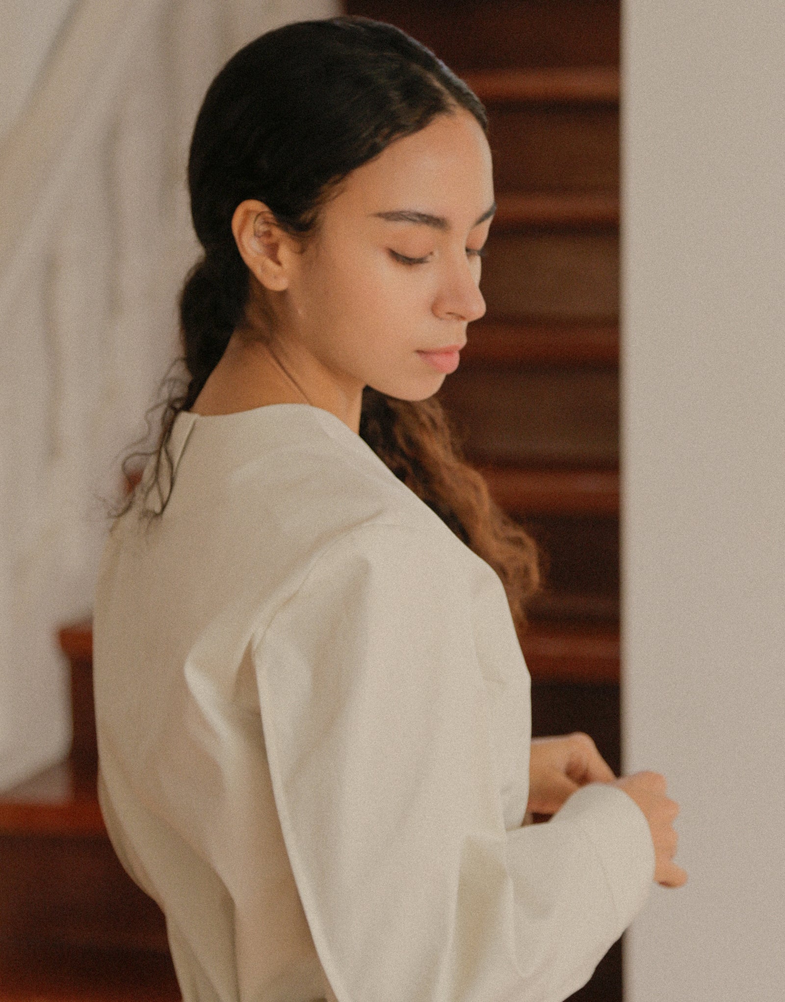 V-neck puff sleeve woman chef coat #AJ1982 Cream